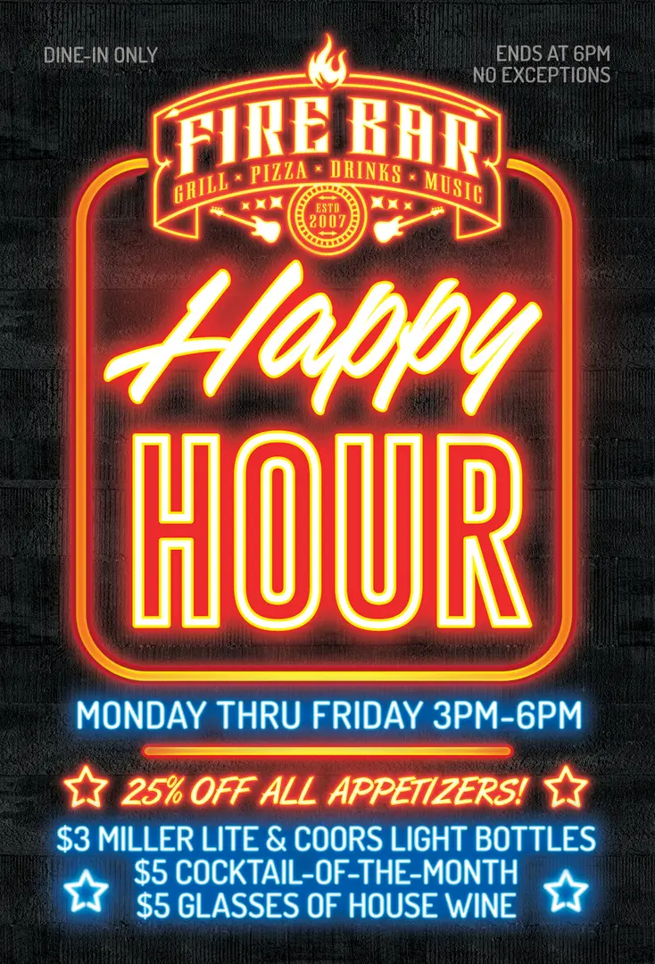 A neon sign that says happy hour on it.