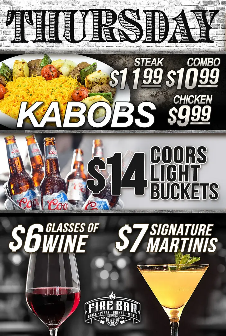 A menu of kabobs, steak and other items.