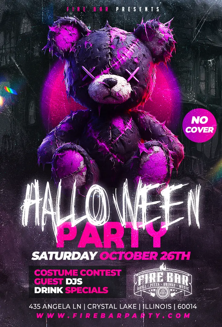 A poster for a halloween party with a teddy bear.