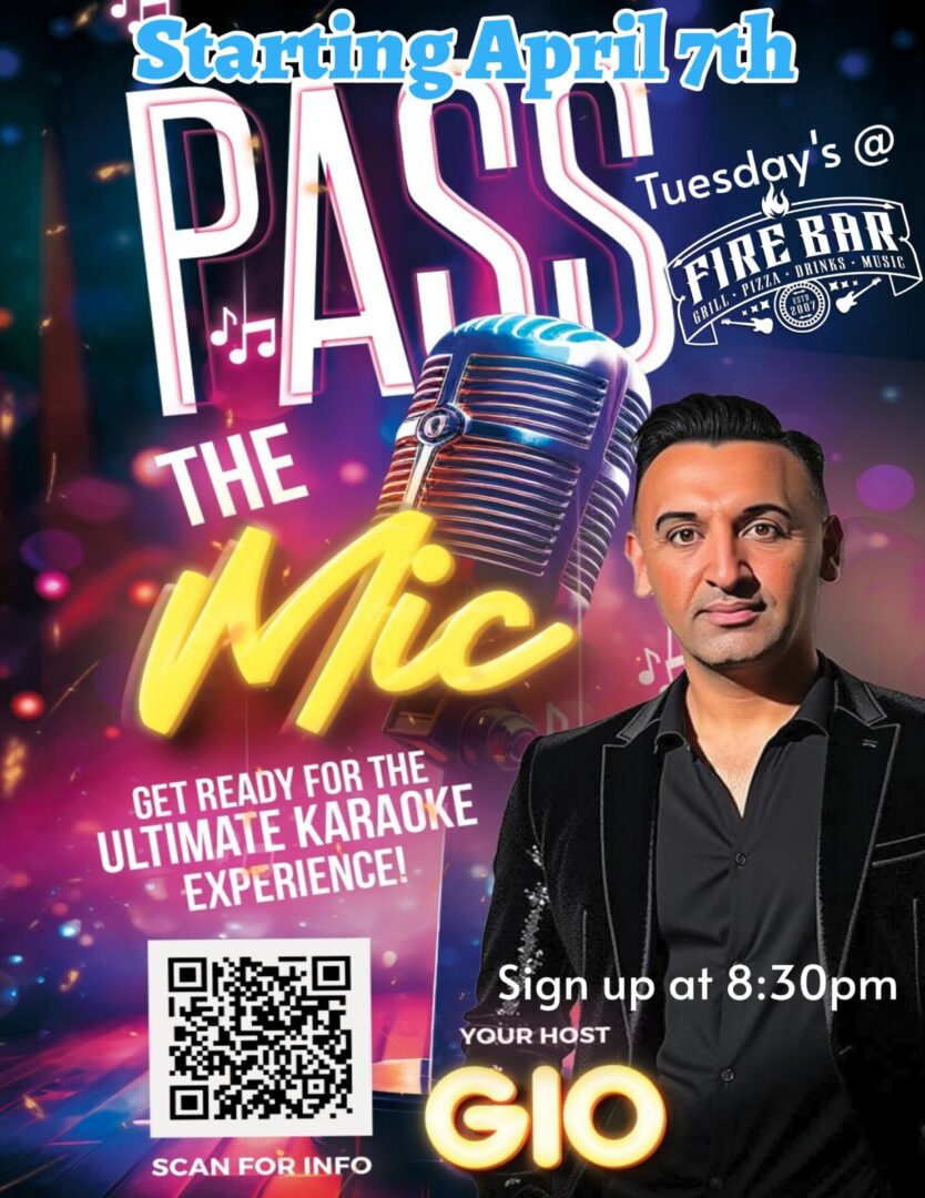 Karaoke event poster with microphone and host.